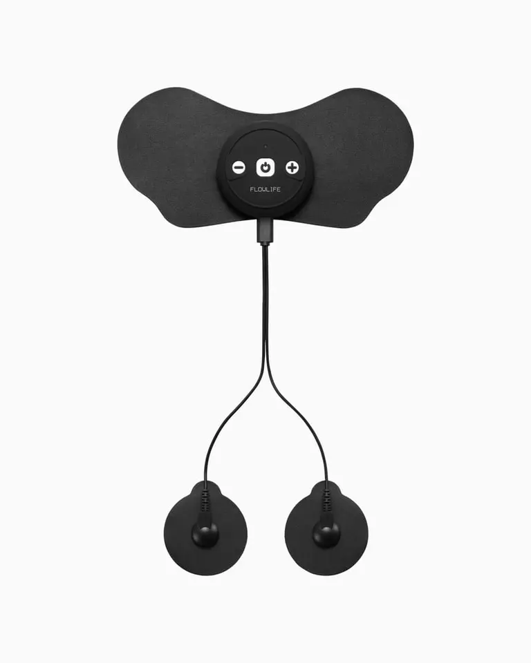 Black Flowtens Connect TENS unit with a butterfly-shaped electrode and two circular pads for targeted nerve stimulation.