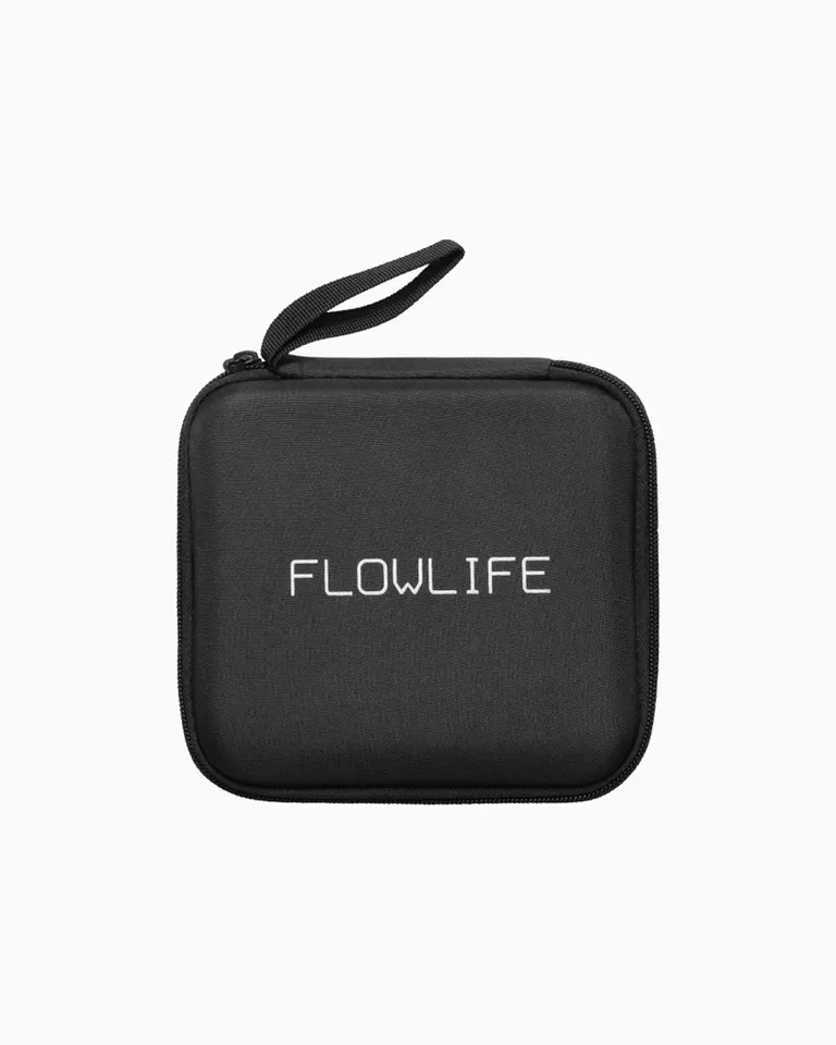 Flowgun Air carry case in black featuring a white Flowlife logo, a secure zipper, and a practical wrist strap.