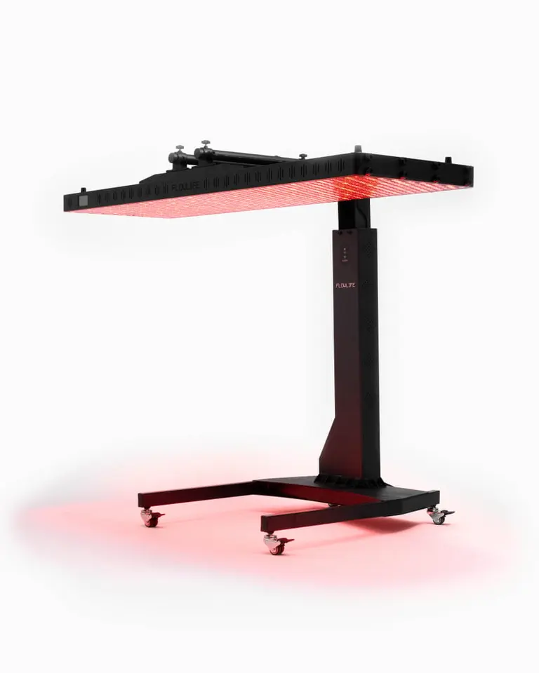 Motorized Flowlight Auto Static Stand in black with a horizontal red light panel for overhead therapy treatments.