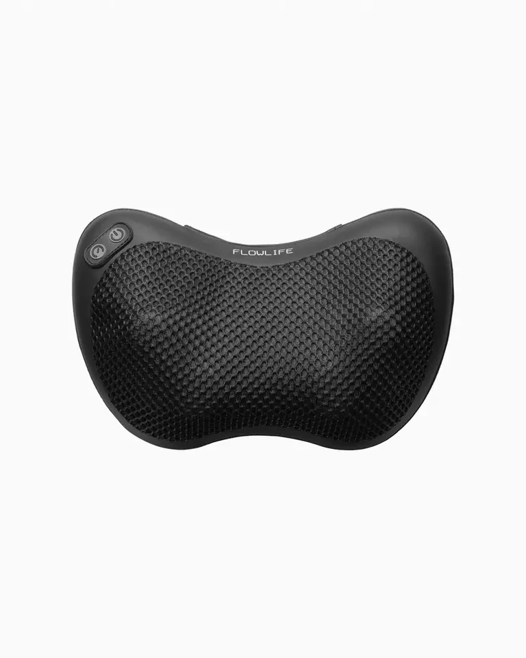 Top-down view of the black Flowpillow Heat massage pillow with its textured surface and controls, against a white background.