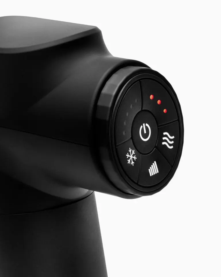 Flowgun Heat control panel in matte black featuring icons for heat, cooling, and speed with active red LED indicators.