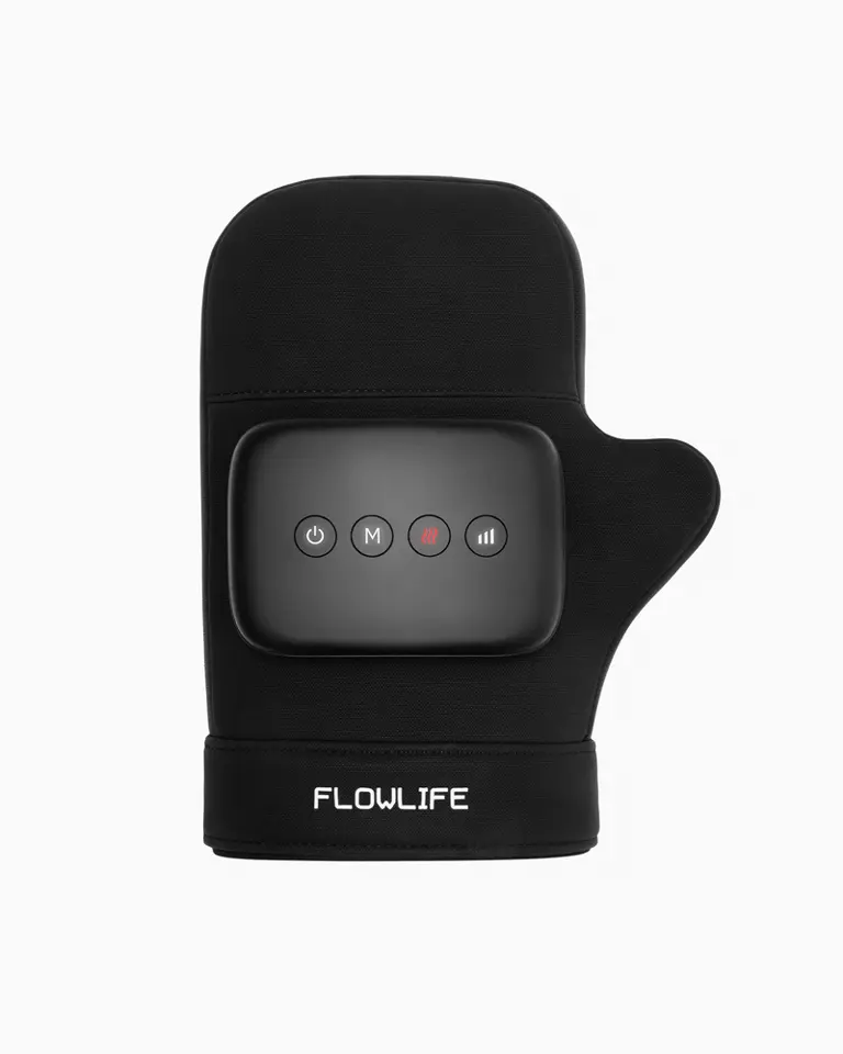 Black Flowpression Hand massager featuring a control panel and ergonomic glove-style design for hand therapy.
