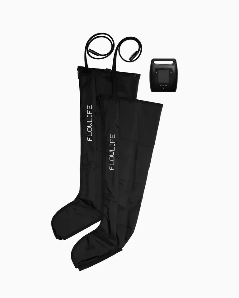 Black Flowpression Boots Pro+ with a digital control unit, designed for sequential compression therapy.