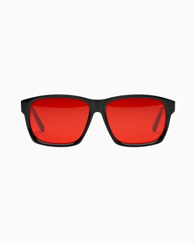 Front view of Flowglasses Night Sync 02 - Morata Edition with red-tinted lenses and a lightweight black frame.