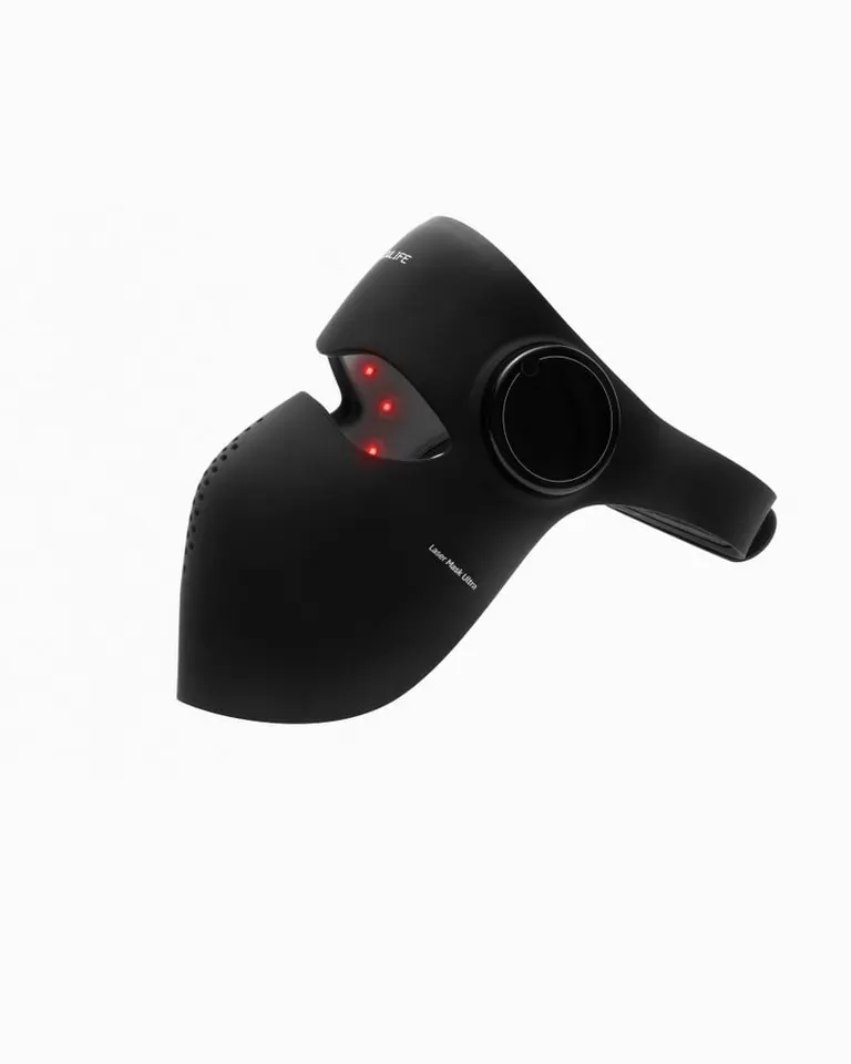 Black Flowlight Laser Mask Ultra Three Waves in a side profile, featuring active red lasers and a silicone design.