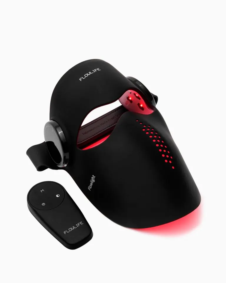 Black silicone Flowlight Laser Mask Ultra Three Waves with glowing red LEDs and a wireless controller.